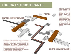LÓGICA ESTRUCTURANTE
POSADA
CENTRO DE INTERPRETACIÓN

El Conjunto se articula mediante un eje que estructura
el espacio central que los tres edificios comparten.
Siguiendo la misma lógica de líneas quebradas que
experimentan los edificios individualmente, se
materializa un eje central que dinamiza el recorrido y
permite, a partir del despeje de vegetación en esta
área, la observación de los diferentes edificios.
A esta circulación se añaden plazas que hacen las
veces de nexo entre circulación y edificio,

A partir de un Volumen
Central al que se le dio
mayor jerarquía y el
juego con Volúmenes
Simples, se logró un
partido abierto que
busca
generar
diferentes espacios de
relación entre interior y
exterior, tomando como
inspiración la propia
arquitectura
lugareña
de «casas chorizo» con
espacios altos y largas
galerías.

CENTRO DE INVESTIGACIÓN

 