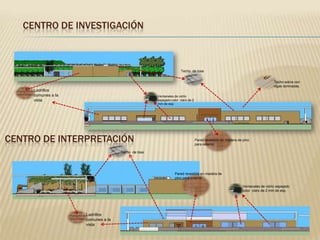 CENTRO DE INVESTIGACIÓN

Techo de losa
Techo sobra con
vigas laminadas.

Ladrillos
comunes a la
vista

Ventanales de vidrio
espejado color claro de 2
mm de esp.

CENTRO DE INTERPRETACIÓN

Pared revestida en madera de pino
para exterior

Techo de losa

Pared revestida en madera de
pino para exterior
Ventanales de vidrio espejado
color claro de 2 mm de esp.

Ladrillos
comunes a la
vista

 