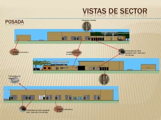 VISTAS DE SECTOR
POSADA

Parasoles móviles

Ladrillos comunes a
la vista

Ladrillos comunes a
la vista

Techo plano de
losa

Ventanales de vidrio espejado
color claro de 2 mm de esp.

Ladrillos comunes a
la vista

Ventanales de vidrio
espejado color claro de 2
mm de esp.

 