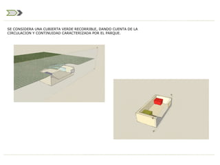 SE CONSIDERA UNA CUBIERTA VERDE RECORRIBLE, DANDO CUENTA DE LA CIRCULACION Y CONTINUIDAD CARACTERIZADA POR EL PARQUE. 