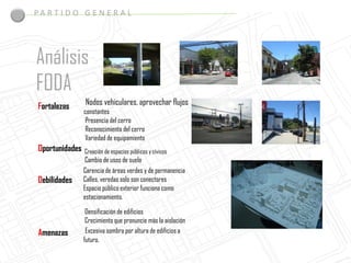 PA R T I D O G E N E R A L




Análisis
FODA
 Fortalezas      Nodos vehiculares, aprovechar flujos
                 constantes
                 Presencia del cerro
                 Reconocimiento del cerro
                 Variedad de equipamiento
 Oportunidades   Creación de espacios públicos y cívicos
                  Cambio de usos de suelo
                 Carencia de áreas verdes y de permanencia
 Debilidades     Calles, veredas solo son conectores
                 Espacio público exterior funciona como
                 estacionamiento.

                  Densificación de edificios
                  Crecimiento que pronuncie más la aislación
 Amenazas         Excesiva sombra por altura de edificios a
                 futuro.
 