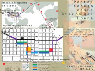 Propuesta integración
ur ba na
A
CORRI E N DAD DE
CI U
T E S CONCE P CI ON

Por
a c c
oe
Es t e r os
I b

t
e
s
d
e

a
s
t
e
r

Se proponen puntos específicos, como mojones de información d e
l o q u e o f r e c e e l c o mp l e j o

Complejo turístico
Centros de Interpretación
e Investigación y
Po s a d a

Propuesta integración u r b a n a
c i u d a d -s i t i o

SI TI O A
I NT ERVENI
R

A
EST ERO
S DEL
I BERA

CORRI E
NT ES
AL
C O MP L E J O

l
o
e
l
a

El planteo se basa específicamente en
conectar dicha ciudad con el sitio a
intervenir, de una manera que no sea
agresiva en cuanto al peso históricoc u l t u r a l d e l l u g a r .

Propuesta revalorización ciudad de Concepción
Sector
paso,
a n f
f i e
p u e
c e n
i n f

propuesto como lugar de
con
un
pequeño
i t e a t r o
p a r a
s t a s
d e l
b l o
y
u n
t r o
d e
o r me s
p a r a

Recorrido histórico-c u l t u r a l c o m e r c i gastronómicos p u e s t o
Sector locales a l p r o
Es t
e r o

Se
c o
Se
r e
Se
c o

c t
me
c t
g i
c t
me

o
r
o
o
o
r

r
c
r
n
r
c

l o c a l
i a l e s
c u l t u
a l e s
l o c a l
i a l e s

e s
d e p r o d u c t o s
r a l
e s
v a r i o s

Pl a z a c e n t r a l
l a c i u d a d

d e

P
e
a
e

r o p u e s t a
s t a r -d e s c a n s o
o r i l l a s d e l
s t e r i t o

ARQUI T E CT URA
UP C I V

 