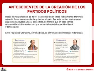 ANTECEDENTES DE LA CREACIÓN DE LOS
PARTIDOS POLÍTICOS
Desde la independencia de 1810, los criollos tenían ideas radicalmente diferentes
sobre la forma como se debía gobernar el país. Por este motivo conformaron
grupos que apoyaban unas u otras ideas, de manera que en poco tiempo
se consolidaron dos tendencias, que serian la base de los partidos liberal
y conservador.
En la República Granadina, o Patria Boba, se enfrentaron centralistas y federalistas.
 