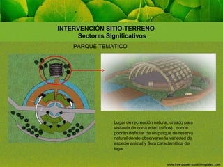 INTERVENCIÓN SITIO-TERRENO
Sectores Significativos
PARQUE TEMATICO

Lugar de recreación natural, creado para
visitante de corta edad (niños) , donde
podrán disfrutar de un parque de reserva
natural donde observaran la variedad de
especie animal y flora característica del
lugar

 