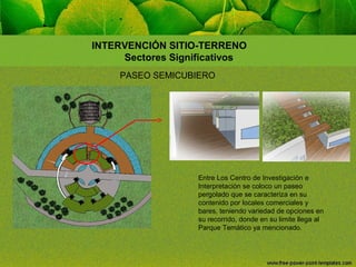 INTERVENCIÓN SITIO-TERRENO
Sectores Significativos
PASEO SEMICUBIERO

Entre Los Centro de Investigación e
Interpretación se coloco un paseo
pergolado que se caracteriza en su
contenido por locales comerciales y
bares, teniendo variedad de opciones en
su recorrido, donde en su limite llega al
Parque Temático ya mencionado.

 
