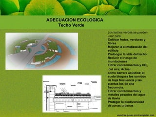 ADECUACION ECOLOGICA
Techo Verde
Los techos verdes se pueden
usar para:
Cultivar frutas, verduras y
flores
Mejorar la climatización del
edificio
Prolongar la vida del techo
Reducir el riesgo de
inundaciones
Filtrar contaminantes y CO2
del aire; Actuar
como barrera acústica; el
suelo bloquea los sonidos
de baja frecuencia y las
plantas los de alta
frecuencia.
Filtrar contaminantes y
metales pesados del agua
de lluvia
Proteger la biodiversidad
de zonas urbanas

 