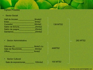 Ingreso Posadas
•

Sector Social
Hall de Acceso ______________9mats2
Estar______________________ 9mts2
Comedor___________________50mts2
Salón de lectura______________25mts2
Salón de juegos______________25mts2
Sanitarios___________________20mts2

•

Sector Administrativo

Oficinas (2) ________________ 9mts2 c/u
Sala de Reuniones___________ 20mts2
Office_____________________ 6mts2
•

138 MTS2

282 MTS2

44MTS2

Sector Cultural
Sala de exposiciones________ 100mts2

100 MTS2

 