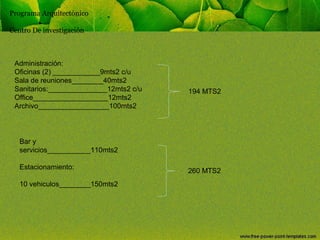 Programa Arquitectónico
Centro De investigación

Administración:
Oficinas (2) ____________9mts2 c/u
Sala de reuniones________40mts2
Sanitarios:_______________12mts2 c/u
Office___________________12mts2
Archivo__________________100mts2

194 MTS2

Bar y
servicios___________110mts2
Estacionamiento:
10 vehiculos________150mts2

260 MTS2

 