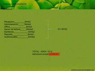 Programa Arquitectónico
Biblioteca

Recepcion_________6mts2
Administracion_____16mts2
Office______________6mts2
Sector de lectura_____35mts2
Sanitarios____________12mts2
Deposito_____________6mts2
Audiovisuales_________20mts2

101 MTS2

TOTAL : 4043+ 15 %
estructura circula= 4103,64

 