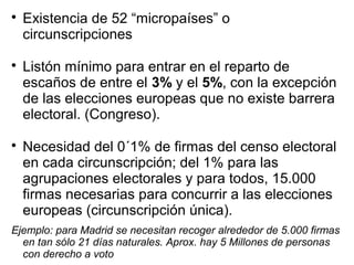 
Existencia de 52 “micropaíses” o
circunscripciones

Listón mínimo para entrar en el reparto de
escaños de entre el 3% y...