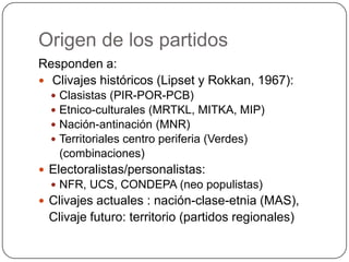 Origen de los partidos
Responden a:
 Clivajes históricos (Lipset y Rokkan, 1967):
     Clasistas (PIR-POR-PCB)
     Etnico-culturales (MRTKL, MITKA, MIP)
     Nación-antinación (MNR)
     Territoriales centro periferia (Verdes)
      (combinaciones)
 Electoralistas/personalistas:
   NFR, UCS, CONDEPA (neo populistas)
 Clivajes actuales : nación-clase-etnia (MAS),
 Clivaje futuro: territorio (partidos regionales)
 