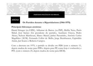 PARTIDOS POLÍTICOS NO BRASIL
Os Partidos durante o Bipartidarismo (1966-1979)
Principais lideranças arenistas:
Daniel Krieger (ex-UDN), Adhemar de Barros (ex-PSP), Delfin Neto, Paulo
Maluf, José Sarney (foi presidente do partido), Aureliano Chaves, Pedro
Aleixo, Nelson Marchesan, Marco Maciel, Jarbas Passarinho, Antônio Carlos
Magalhães (ACM), Fernando Collor de Mello, Jorge Bornhausen, Espiridião
Amim, Jair Soares e Roberto Campos.
Com a abertura em 1979, o partido se dividiu em PDS (com o número 11,
depois mudou de nome para PPB e depois para PP, como hoje é conhecido) e
PFL (com o número 25, depois mudou de nome para DEM).
 