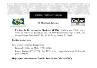 PARTIDOS POLÍTICOS NO BRASIL
O Pluripartidarismo
o Partido da Reconstrução Nacional (PRN): fundado em 1985 com o
nome de Partido da Juventude (PJ), em 1989 foi renomeado para PRN, ano
em que elegeu Fernando Collor de Mello presidente do Brasil.
Partido número 36.
Teve dois presidentes da república:
o Fernando Collor de Mello (1990-1992).
o Itamar Franco (1992-1994). Em 1992, após o impeachment de Collor, foi
para o PMDB.
Hoje o partido chama-se Partido Trabalhista Cristão (PTC).
 