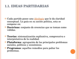 1.1. IDEAS PARTIDARIAS   Cada partido posee una  ideología  que le da claridad conceptual. Lo guía en su acción política, esta se compone en: Doctrinas : conjunto de creencias que se toman como válidas.    Teorías : sistematización explicativa, comprensiva e interpretativa de la realidad.  Plataforma : agrupación de los principales problemas sociales, políticos y económicos.  Programas : aquellos remedios para paliar los problemas.  