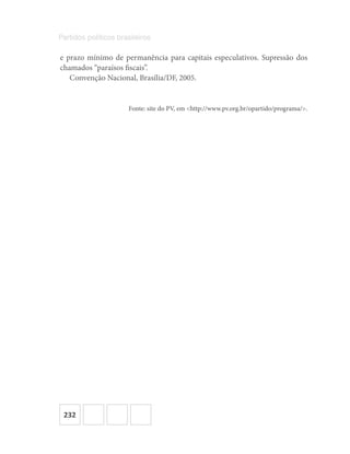 232
Partidos políticos brasileiros
e prazo mínimo de permanência para capitais especulativos. Supressão dos
chamados “paraísos fiscais”.
Convenção Nacional, Brasília/DF, 2005.
Fonte: site do PV, em <http://www.pv.org.br/opartido/programa/>.
 