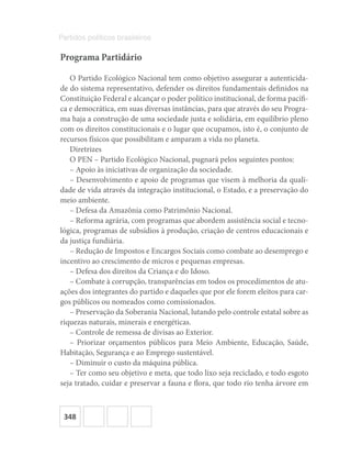 348
Partidos políticos brasileiros
Programa Partidário
O Partido Ecológico Nacional tem como objetivo assegurar a autenticida-
de do sistema representativo, defender os direitos fundamentais definidos na
Constituição Federal e alcançar o poder político institucional, de forma pacífi-
ca e democrática, em suas diversas instâncias, para que através do seu Progra-
ma haja a construção de uma sociedade justa e solidária, em equilíbrio pleno
com os direitos constitucionais e o lugar que ocupamos, isto é, o conjunto de
recursos físicos que possibilitam e amparam a vida no planeta.
Diretrizes
O PEN – Partido Ecológico Nacional, pugnará pelos seguintes pontos:
– Apoio às iniciativas de organização da sociedade.
– Desenvolvimento e apoio de programas que visem à melhoria da quali-
dade de vida através da integração institucional, o Estado, e a preservação do
meio ambiente.
– Defesa da Amazônia como Patrimônio Nacional.
– Reforma agrária, com programas que abordem assistência social e tecno-
lógica, programas de subsídios à produção, criação de centros educacionais e
da justiça fundiária.
– Redução de Impostos e Encargos Sociais como combate ao desemprego e
incentivo ao crescimento de micros e pequenas empresas.
– Defesa dos direitos da Criança e do Idoso.
– Combate à corrupção, transparências em todos os procedimentos de atu-
ações dos integrantes do partido e daqueles que por ele forem eleitos para car-
gos públicos ou nomeados como comissionados.
– Preservação da Soberania Nacional, lutando pelo controle estatal sobre as
riquezas naturais, minerais e energéticas.
– Controle de remessa de divisas ao Exterior.
– Priorizar orçamentos públicos para Meio Ambiente, Educação, Saúde,
Habitação, Segurança e ao Emprego sustentável.
– Diminuir o custo da máquina pública.
– Ter como seu objetivo e meta, que todo lixo seja reciclado, e todo esgoto
seja tratado, cuidar e preservar a fauna e flora, que todo rio tenha árvore em
 
