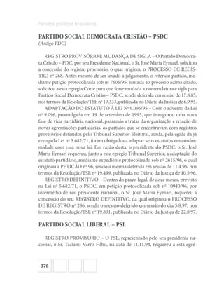 376
Partidos políticos brasileiros
PARTIDO SOCIAL DEMOCRATA CRISTÃO – PSDC
(Antigo PDC)
REGISTRO PROVISÓRIO E MUDANÇA DE SIGLA – O Partido Democra-
ta Cristão – PDC, por seu Presidente Nacional, o Sr. José Maria Eymael, solicitou
a concessão do registro provisório, o qual originou o PROCESSO DE REGIS-
TRO no
268. Antes mesmo de ser levado a julgamento, o referido partido, me-
diante petição protocolizada sob no
7606/95, juntada ao processo acima citado,
solicitou a esta egrégia Corte para que fosse mudada a nomenclatura e sigla para
Partido Social Democrata Cristão – PSDC, sendo deferida em sessão de 17.8.85,
nos termos da Resolução/TSE no
19.333, publicada no Diário da Justiça de 6.9.95.
ADAPTAÇÃO DO ESTATUTO À LEI No
9.096/95 – Com o advento da Lei
no
9.096, promulgada em 19 de setembro de 1995, que inaugurou uma nova
fase de vida partidária nacional, passando a tratar da organização e criação de
novas agremiações partidárias, os partidos que se encontravam com registros
provisórios deferidos pelo Tribunal Superior Eleitoral, ainda, pela égide da já
revogada Lei no
5.682/71, foram obrigados a adaptar seus estatutos em confor-
midade com essa nova lei. Em razão desta, o presidente do PSDC, o Sr. José
Maria Eymael requereu, junto a este egrégio Tribunal Superior, a adaptação do
estatuto partidário, mediante expediente protocolizado sob no
2615/96, o qual
originou a PETIÇÃO no
96, sendo a mesma deferida em sessão de 11.4.96, nos
termos da Resolução/TSE no
19.499, publicada no Diário da Justiça de 10.5.96.
REGISTRO DEFINITIVO – Dentro do prazo legal, de doze meses, previsto
na Lei no
5.682/71, o PSDC, em petição protocolizada sob no
10940/96, por
intermédio de seu presidente nacional, o Sr. José Maria Eymael, requereu a
concessão do seu REGISTRO DEFINITIVO, da qual originou o PROCESSO
DE REGISTRO no
286, sendo o mesmo deferido em sessão do dia 5.8.97, nos
termos da Resolução/TSE no
19.891, publicada no Diário da Justiça de 22.8.97.
PARTIDO SOCIAL LIBERAL – PSL
REGISTRO PROVISÓRIO – O PSL, representado pelo seu presidente na-
cional, o Sr. Taciano Varro Filho, na data de 11.11.94, requereu a esta egré-
 