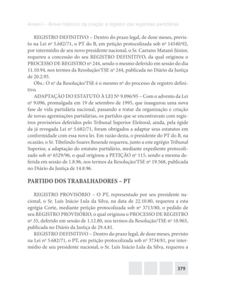 379
Anexo I – Breve histórico da criação e registro das legendas partidárias
REGISTRO DEFINITIVO – Dentro do prazo legal, de doze meses, previs-
to na Lei no
5.682/71, o PT do B, em petição protocolizada sob no
14340/92,
por intermédio de seu novo presidente nacional, o Sr. Caetano Matanó Júnior,
requereu a concessão do seu REGISTRO DEFINITIVO, da qual originou o
PROCESSO DE REGISTRO no
244, sendo o mesmo deferido em sessão do dia
11.10.94, nos termos da Resolução/TSE no
244, publicada no Diário da Justiça
de 20.2.95.
Obs.: O no
da Resolução/TSE é o mesmo no
do processo de registro defini-
tivo.
ADAPTAÇÃO DO ESTATUTO À LEI No
9.096/95 – Com o advento da Lei
no
9.096, promulgada em 19 de setembro de 1995, que inaugurou uma nova
fase de vida partidária nacional, passando a tratar da organização e criação
de novas agremiações partidárias, os partidos que se encontravam com regis-
tros provisórios deferidos pelo Tribunal Superior Eleitoral, ainda, pela égide
da já revogada Lei no
5.682/71, foram obrigados a adaptar seus estatutos em
conformidade com essa nova lei. Em razão desta, o presidente do PT do B, na
ocasião, o Sr. Tibelindo Soares Resende requereu, junto a este egrégio Tribunal
Superior, a adaptação do estatuto partidário, mediante expediente protocoli-
zado sob no
6529/96, o qual originou a PETIÇÃO no
115, sendo a mesma de-
ferida em sessão de 1.8.96, nos termos da Resolução/TSE no
19.568, publicada
no Diário da Justiça de 14.8.96.
PARTIDO DOS TRABALHADORES – PT
REGISTRO PROVISÓRIO – O PT, representado por seu presidente na-
cional, o Sr. Luís Inácio Lula da Silva, na data de 22.10.80, requereu a esta
egrégia Corte, mediante petição protocolizada sob no
3713/80, o pedido de
seu REGISTRO PROVISÓRIO, o qual originou o PROCESSO DE REGISTRO
no
35, deferido em sessão de 1.12.80, nos termos da Resolução/TSE no
10.965,
publicada no Diário da Justiça de 29.4.81.
REGISTRO DEFINITIVO – Dentro do prazo legal, de doze meses, previsto
na Lei no
5.682/71, o PT, em petição protocolizada sob no
3734/81, por inter-
médio de seu presidente nacional, o Sr. Luís Inácio Lula da Silva, requereu a
 