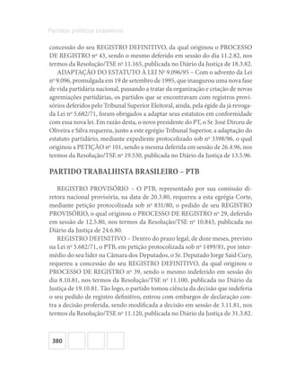 380
Partidos políticos brasileiros
concessão do seu REGISTRO DEFINITIVO, da qual originou o PROCESSO
DE REGISTRO no
43, sendo o mesmo deferido em sessão do dia 11.2.82, nos
termos da Resolução/TSE no
11.165, publicada no Diário da Justiça de 18.3.82.
ADAPTAÇÃO DO ESTATUTO À LEI No
9.096/95 – Com o advento da Lei
no
9.096, promulgada em 19 de setembro de 1995, que inaugurou uma nova fase
de vida partidária nacional, passando a tratar da organização e criação de novas
agremiações partidárias, os partidos que se encontravam com registros provi-
sórios deferidos pelo Tribunal Superior Eleitoral, ainda, pela égide da já revoga-
da Lei no
5.682/71, foram obrigados a adaptar seus estatutos em conformidade
com essa nova lei. Em razão desta, o novo presidente do PT, o Sr. José Dirceu de
Oliveira e Silva requereu, junto a este egrégio Tribunal Superior, a adaptação do
estatuto partidário, mediante expediente protocolizado sob no
3398/96, o qual
originou a PETIÇÃO no
101, sendo a mesma deferida em sessão de 26.4.96, nos
termos da Resolução/TSE no
19.530, publicada no Diário da Justiça de 13.5.96.
PARTIDO TRABALHISTA BRASILEIRO – PTB
REGISTRO PROVISÓRIO – O PTB, representado por sua comissão di-
retora nacional provisória, na data de 20.3.80, requereu a esta egrégia Corte,
mediante petição protocolizada sob no
831/80, o pedido de seu REGISTRO
PROVISÓRIO, o qual originou o PROCESSO DE REGISTRO no
29, deferido
em sessão de 12.5.80, nos termos da Resolução/TSE no
10.843, publicada no
Diário da Justiça de 24.6.80.
REGISTRO DEFINITIVO – Dentro do prazo legal, de doze meses, previsto
na Lei no
5.682/71, o PTB, em petição protocolizada sob no
1499/81, por inter-
médio do seu líder na Câmara dos Deputados, o Sr. Deputado Jorge Said Cury,
requereu a concessão do seu REGISTRO DEFINITIVO, da qual originou o
PROCESSO DE REGISTRO no
39, sendo o mesmo indeferido em sessão do
dia 8.10.81, nos termos da Resolução/TSE no
11.100, publicada no Diário da
Justiça de 19.10.81. Tão logo, o partido tomou ciência da decisão que indeferia
o seu pedido de registro definitivo, entrou com embargos de declaração con-
tra a decisão proferida, sendo modificada a decisão em sessão de 3.11.81, nos
termos da Resolução/TSE no
11.120, publicada no Diário da Justiça de 31.3.82.
 