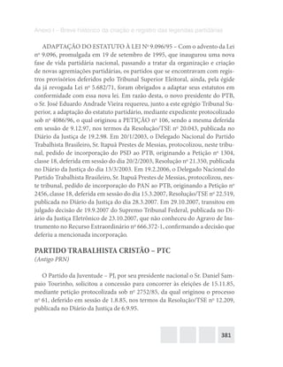 381
Anexo I – Breve histórico da criação e registro das legendas partidárias
ADAPTAÇÃO DO ESTATUTO À LEI No
9.096/95 – Com o advento da Lei
no
9.096, promulgada em 19 de setembro de 1995, que inaugurou uma nova
fase de vida partidária nacional, passando a tratar da organização e criação
de novas agremiações partidárias, os partidos que se encontravam com regis-
tros provisórios deferidos pelo Tribunal Superior Eleitoral, ainda, pela égide
da já revogada Lei no
5.682/71, foram obrigados a adaptar seus estatutos em
conformidade com essa nova lei. Em razão desta, o novo presidente do PTB,
o Sr. José Eduardo Andrade Vieira requereu, junto a este egrégio Tribunal Su-
perior, a adaptação do estatuto partidário, mediante expediente protocolizado
sob no
4086/96, o qual originou a PETIÇÃO no
106, sendo a mesma deferida
em sessão de 9.12.97, nos termos da Resolução/TSE no
20.043, publicada no
Diário da Justiça de 19.2.98. Em 20/1/2003, o Delegado Nacional do Partido
Trabalhista Brasileiro, Sr. Itapuã Prestes de Messias, protocolizou, neste tribu-
nal, pedido de incorporação do PSD ao PTB, originando a Petição no
1304,
classe 18, deferida em sessão do dia 20/2/2003, Resolução no
21.350, publicada
no Diário da Justiça do dia 13/3/2003. Em 19.2.2006, o Delegado Nacional do
Partido Trabalhista Brasileiro, Sr. Itapuã Prestes de Messias, protocolizou, nes-
te tribunal, pedido de incorporação do PAN ao PTB, originando a Petição no
2456, classe 18, deferida em sessão do dia 15.3.2007, Resolução/TSE no
22.519,
publicada no Diário da Justiça do dia 28.3.2007. Em 29.10.2007, transitou em
julgado decisão de 19.9.2007 do Supremo Tribunal Federal, publicada no Di-
ário da Justiça Eletrônico de 23.10.2007, que não conheceu do Agravo de Ins-
trumento no Recurso Extraordinário no
666.372-1, confirmando a decisão que
deferiu a mencionada incorporação.
PARTIDO TRABALHISTA CRISTÃO – PTC
(Antigo PRN)
O Partido da Juventude – PJ, por seu presidente nacional o Sr. Daniel Sam-
paio Tourinho, solicitou a concessão para concorrer às eleições de 15.11.85,
mediante petição protocolizada sob no
2752/85, da qual originou o processo
no
61, deferido em sessão de 1.8.85, nos termos da Resolução/TSE no
12.209,
publicada no Diário da Justiça de 6.9.95.
 
