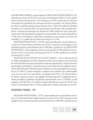 383
Anexo I – Breve histórico da criação e registro das legendas partidárias
GISTRO PROVISÓRIO, o qual originou o PROCESSO DE REGISTRO no
270,
deferido em sessão de 29.6.95, nos termos da Resolução/TSE no
19.318, publi-
cada no Diário da Justiça de 11.8.95. Requereu o PTN, na data de 28.12.95, por
intermédio do presidente da comissão executiva nacional, o Sr. Dorival Masci
de Abreu, mediante petição protocolizada sob no
12501/95, pedido de Medida
Cautelar no
12, visando obter, “ad-referendum” do tribunal, sob condição reso-
lutiva, o direito de participar das eleições de 1996, tendo em vista a não apre-
ciação pelo TSE do pedido de registro em tempo hábil. Em sessão realizada em
5.3.96, esta Corte Superior referendou o despacho acima citado, nos termos do
Acórdão no
12, publicado do Diário da Justiça de 22.3.96.
REGISTRO DEFINITIVO – O PTN, representado pelo seu presidente na-
cional, o Sr. Dorival Masci de Abreu, em 22.8.97, requereu a esta egrégia Corte,
mediante petição protocolizada sob no
9003/96, o pedido de seu REGISTRO
DEFINITIVO, o qual originou o Processo de registro no
288, deferido em ses-
são de 2.10.97, nos termos da Resolução/TSE no
19.984, publicada no Diário
da Justiça de 21.10.97.
ADAPTAÇÃO DO ESTATUTO À LEI No
9.096/95 – Com o advento da Lei
no
9.096, promulgada em 19 de setembro de 1995, que inaugurou uma nova fase
de vida partidária nacional, passando a tratar da organização e criação de novas
agremiações partidárias, os partidos que se encontravam com registros provi-
sórios deferidos pelo Tribunal Superior Eleitoral, ainda, pela égide da já revoga-
da Lei no
5.682/71, foram obrigados a adaptar seus estatutos em conformidade
com essa nova lei. Em razão desta, o presidente do PTN, o Sr. Dorival Masci
de Abreu, requereu, junto a este egrégio Tribunal Superior, a adaptação do es-
tatuto partidário, mediante expediente protocolizado sob no
11700/95, o qual
originou a PETIÇÃO no
52, sendo a mesma deferida em sessão de 19.8.97, nos
termos da Resolução/TSE no
19.935, publicada no Diário da Justiça de 10.9.97.
PARTIDO VERDE – PV
REGISTRO PROVISÓRIO – O PV, representado por seu presidente nacio-
nal, o Sr. Fernando Paulo Nagle Gabeira, na data de 16.11.90, requereu a esta
egrégia Corte, mediante petição protocolizada sob no
9691/90, o pedido de seu
 