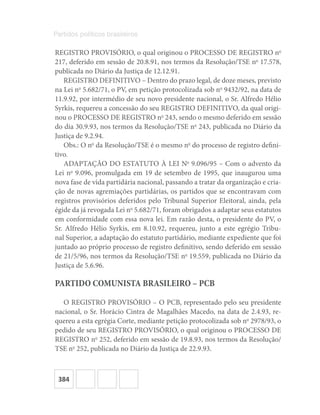 384
Partidos políticos brasileiros
REGISTRO PROVISÓRIO, o qual originou o PROCESSO DE REGISTRO no
217, deferido em sessão de 20.8.91, nos termos da Resolução/TSE no
17.578,
publicada no Diário da Justiça de 12.12.91.
REGISTRO DEFINITIVO – Dentro do prazo legal, de doze meses, previsto
na Lei no
5.682/71, o PV, em petição protocolizada sob no
9432/92, na data de
11.9.92, por intermédio de seu novo presidente nacional, o Sr. Alfredo Hélio
Syrkis, requereu a concessão do seu REGISTRO DEFINITIVO, da qual origi-
nou o PROCESSO DE REGISTRO no
243, sendo o mesmo deferido em sessão
do dia 30.9.93, nos termos da Resolução/TSE no
243, publicada no Diário da
Justiça de 9.2.94.
Obs.: O no
da Resolução/TSE é o mesmo no
do processo de registro defini-
tivo.
ADAPTAÇÃO DO ESTATUTO À LEI No
9.096/95 – Com o advento da
Lei no
9.096, promulgada em 19 de setembro de 1995, que inaugurou uma
nova fase de vida partidária nacional, passando a tratar da organização e cria-
ção de novas agremiações partidárias, os partidos que se encontravam com
registros provisórios deferidos pelo Tribunal Superior Eleitoral, ainda, pela
égide da já revogada Lei no
5.682/71, foram obrigados a adaptar seus estatutos
em conformidade com essa nova lei. Em razão desta, o presidente do PV, o
Sr. Alfredo Hélio Syrkis, em 8.10.92, requereu, junto a este egrégio Tribu-
nal Superior, a adaptação do estatuto partidário, mediante expediente que foi
juntado ao próprio processo de registro definitivo, sendo deferido em sessão
de 21/5/96, nos termos da Resolução/TSE no
19.559, publicada no Diário da
Justiça de 5.6.96.
PARTIDO COMUNISTA BRASILEIRO – PCB
O REGISTRO PROVISÓRIO – O PCB, representado pelo seu presidente
nacional, o Sr. Horácio Cintra de Magalhães Macedo, na data de 2.4.93, re-
quereu a esta egrégia Corte, mediante petição protocolizada sob no
2978/93, o
pedido de seu REGISTRO PROVISÓRIO, o qual originou o PROCESSO DE
REGISTRO no
252, deferido em sessão de 19.8.93, nos termos da Resolução/
TSE no
252, publicada no Diário da Justiça de 22.9.93.
 