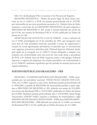 385
Anexo I – Breve histórico da criação e registro das legendas partidárias
Obs: O no
da Resolução/TSE, é o mesmo no
do Processo de Registro.
REGISTRO DEFINITIVO – Dentro do prazo legal, de doze meses, pre-
visto na Lei no
5.682/71, o PCB, em petição protocolizada sob no
3253/89,
por intermédio de sua nova presidenta nacional a Srª. Zuleide Faria de Melo,
requereu a concessão do seu REGISTRO DEFINITIVO, da qual originou o
PROCESSO DE REGISTRO no
262, sendo o mesmo deferido em sessão do
dia 9.5.96, nos termos da Resolução/TSE no
19.550, publicada no Diário da
Justiça de 21.5.96.
ADAPTAÇÃO DO ESTATUTO À LEI No
9.096/95 – Com o advento da
Lei no
9.096, promulgada em 19 de setembro de 1995, que inaugurou uma
nova fase de vida partidária nacional, passando a tratar da organização e
criação de novas agremiações partidárias, os partidos que se encontravam
com registros provisórios deferidos pelo Tribunal Superior Eleitoral, ainda,
pela égide da já revogada Lei no
5.682/71, foram obrigados a adaptar seus
estatutos em conformidade com essa nova lei. Em razão desta, a presidenta
do PCB, a Sra
Zuleide Faria de Melo requereu, junto a este egrégio Tribunal
Superior, o registro da adaptação do estatuto partidário em conformidade à
Lei no
9.096/95, mediante expediente que foi juntado no mesmo processo de
registro definitivo.
PARTIDO REPUBLICANO BRASILEIRO – PRB
REGISTRO – O PARTIDO REPUBLICANO BRASILEIRO – PMR, repre-
sentado por seu presidente nacional, VITOR PAULO ARAUJO DOS SAN-
TOS, em 5.5.2005, requereu a esta Corte, mediante petição protocolizada sob
no
3956/2005, o pedido de REGISTRO do mencionado partido, o qual origi-
nou o PROCESSO DE REGISTRO no
301, deferido em sessão de 25.8.2005,
nos termos da Resolução/TSE no
22.072/2005, publicada no Diário da Justiça
de 6.9.2005. Mediante petição protocolizada sob no
13318/2005, Sanny Braga
Vasconcelos, OAB/DF 18.965, requereu a mudança de nomenclatura e sigla
PARTIDO MUNICIPALISTA RENOVADOR – PMR, para PARTIDO REPU-
BLICANO BRASILEIRO – PRB deferida em sessão de 11.3.2006, nos termos
da Resolução/TSE no
22.167, publicada no Diário da Justiça de 31.3.2006.
 