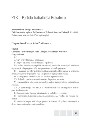45
PTB – Partido Trabalhista Brasileiro
Número oficial da sigla partidária: 14
Deferimento do registro do Estatuto no Tribunal Superior Eleitoral: 3/11/1981
Endereço na internet: http://www.ptb.org.br/
Dispositivos Estatutários Pertinentes
Título I
Capítulo I – Denominação, Sede, Duração, Finalidade e Princípios
Programáticos
(...)
Art. 2o
  O PTB tem por finalidade:
I – impor-se como realidade social e política;
II – influir na orientação política nacional, estadual e municipal, mediante
organização do grupo social e a expressão da vontade popular;
III – alcançar o poder político institucionalizado, objetivando a aplicação
de seu programa de governo e de seu plano de ação parlamentar;
IV – assegurar a autenticidade do sistema representativo;
V – defender os direitos fundamentais da pessoa humana;
VI – resguardar a soberania nacional, o regime democrático e o pluralismo
político.
Art. 3o
  Para atingir seus fins, o PTB subordinar-se-á aos seguintes princí-
pios fundamentais:
I – harmonização da convivência entre o trabalho e o capital;
II – promoção da justiça social, da distribuição de renda e da riqueza na-
cional;
III – orientação por meio de programa de ação social, política e econômica
de sentido nacionalista e democrático;
 