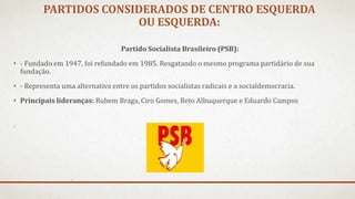 PARTIDOS CONSIDERADOS DE CENTRO ESQUERDA
OU ESQUERDA:
Partido Socialista Brasileiro (PSB):
• - Fundado em 1947, foi refundado em 1985. Resgatando o mesmo programa partidário de sua
fundação.
• - Representa uma alternativa entre os partidos socialistas radicais e a socialdemocracia.
• Principais lideranças: Rubem Braga, Ciro Gomes, Beto Albuquerque e Eduardo Campos
 