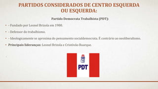 PARTIDOS CONSIDERADOS DE CENTRO ESQUERDA
OU ESQUERDA:
Partido Democrata Trabalhista (PDT):
• - Fundado por Leonel Brizola em 1980.
• - Defensor do trabalhismo.
• - Ideologicamente se aproxima do pensamento socialdemocrata. É contrário ao neoliberalismo.
• Principais lideranças: Leonel Brizola e Cristóvão Buarque.
 