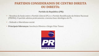 PARTIDOS CONSIDERADOS DE CENTRO DIREITA
OU DIREITA:
Partido da República (PR):
• - Resultou da fusão entre o Partido Liberal (PL) e o Partido Reedificação da Ordem Nacional
(PRONA). O partido adotou praticamente a mesma base ideológica do PL.
• - Defende o liberalismo-social.
• Principais lideranças: Inocêncio Oliveira e Sérgio Vitor Temer.
 
