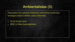 Preocupados com questões ambientais, crescimento sustentável,
tecnologias limpas e demais causas ambientais.
o PV (4) Partido Verde
o REDE (1) Rede Sustentabilidade
Ambientalistas (5)
 