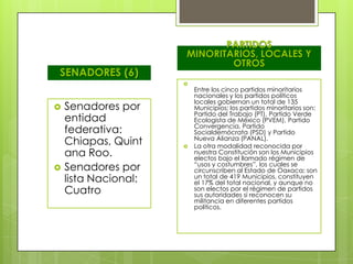 PARTIDOS
                      MINORITARIOS, LOCALES Y
                              OTROS
SENADORES (6)
                      
                          Entre los cinco partidos minoritarios
                          nacionales y los partidos políticos
                          locales gobiernan un total de 135
   Senadores por         Municipios; los partidos minoritarios son:
                          Partido del Trabajo (PT), Partido Verde
    entidad               Ecologista de México (PVEM), Partido
                          Convergencia, Partido
    federativa:           Socialdemócrata (PSD) y Partido
    Chiapas, Quint    
                          Nueva Alianza (PANAL).
                          La otra modalidad reconocida por
    ana Roo.              nuestra Constitución son los Municipios
                          electos bajo el llamado régimen de
   Senadores por         “usos y costumbres”, los cuales se
                          circunscriben al Estado de Oaxaca; son
    lista Nacional:       un total de 419 Municipios, constituyen
                          el 17% del total nacional, y aunque no
    Cuatro                son electos por el régimen de partidos
                          sus autoridades sí reconocen su
                          militancia en diferentes partidos
                          políticos.
 
