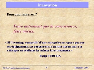 Innovation Pourquoi innover ? « Si l’avantage compétitif d’une entreprise ne repose que sur ses équipements, ses concurrents n’auront aucun mal à la rattraper en réalisant les mêmes investissements » Ryuji FUDUDA Faire autrement que la concurrence, faire mieux. 