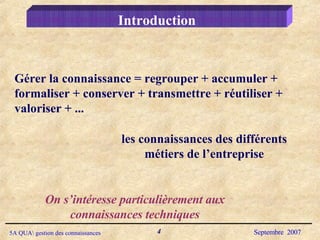 Introduction Gérer la connaissance = regrouper + accumuler + formaliser + conserver + transmettre + réutiliser + valoriser + ... les connaissances des différents métiers de l’entreprise On s’intéresse particulièrement aux connaissances techniques 
