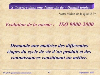 S ’inscrire dans une démarche de « Qualité totale» Evolution de la norme  :  ISO 9000-2000 Demande une maîtrise des différentes étapes du cycle de vie d’un produit et des connaissances constituant un métier. Votre vision de la qualité ?? 
