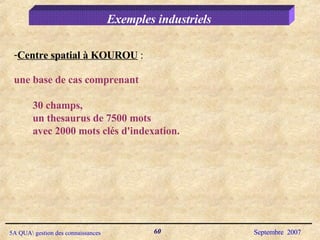 Exemples industriels Centre spatial à KOUROU  :  une base de cas comprenant  30 champs,  un thesaurus de 7500 mots  avec 2000 mots clés d'indexation. 