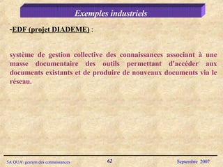 Exemples industriels EDF (projet DIADEME)  :  système de gestion collective des connaissances associant à une masse documentaire des outils permettant d'accéder aux documents existants et de produire de nouveaux documents via le réseau. 