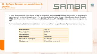 • Le projet Samba est surtout connu pour le partage de fichiers selon le protocole SMB développé par Microsoft. La version 4 de ce
logiciel apporte la fonctionnalité supplémentaire d'un contrôleur de domaine Active Directory (Active Directory Domain Controller -
AD DC). Cette fonctionnalité inclue en natif les services DNS, LDAP, Kerberos, RPC et SMB 3.0 ainsi que la distribution et la gestion des
GPO.
• Avant toute installation, il est nécessaire de définir son environnement. Ainsi, il sera possible de configurer correctement son serveur.
Configuration et tests
08 - Configurer Samba en tant que contrôleur de
domaine
Nom de domaine Ofppt.ma
Royaume (realm) OFPPT.MA
Nom de NetBIOS Ofppt
Nom du serveur Fedoraserver
Adresse IP du serveur (fixe) 192.168.1.110
Rôle du serveur DC (contrôleur de domaine)
 