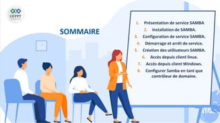 1. Présentation de service SAMBA
2. Installation de SAMBA.
3. Configuration de service SAMBA.
4. Démarrage et arrêt de service.
5. Création des utilisateurs SAMBA.
6. Accès depuis client linux.
7. Accès depuis client Windows.
8. Configurer Samba en tant que
contrôleur de domaine.
 