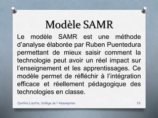 Modèle SAMR
Cynthia Lizotte, Collège de l'Assomption 23
Le modèle SAMR est une méthode
d’analyse élaborée par Ruben Puentedura
permettant de mieux saisir comment la
technologie peut avoir un réel impact sur
l’enseignement et les apprentissages. Ce
modèle permet de réfléchir à l’intégration
efficace et réellement pédagogique des
technologies en classe.
 