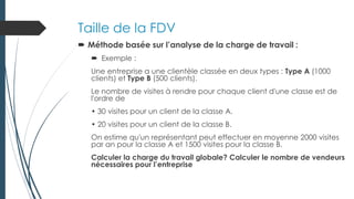 Taille de la FDV
 Méthode basée sur l’analyse de la charge de travail :
 Exemple :
Une entreprise a une clientèle classée en deux types : Type A (1000
clients) et Type B (500 clients).
Le nombre de visites à rendre pour chaque client d'une classe est de
l'ordre de
• 30 visites pour un client de la classe A.
• 20 visites pour un client de la classe B.
On estime qu'un représentant peut effectuer en moyenne 2000 visites
par an pour la classe A et 1500 visites pour la classe B.
Calculer la charge du travail globale? Calculer le nombre de vendeurs
nécessaires pour l’entreprise
 