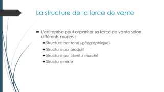 La structure de la force de vente
 L’entreprise peut organiser sa force de vente selon
différents modes :
Structure par zone (géographique)
Structure par produit
Structure par client / marché
Structure mixte
 