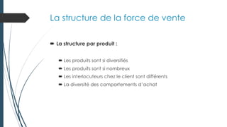 La structure de la force de vente
 La structure par produit :
 Les produits sont si diversifiés
 Les produits sont si nombreux
 Les interlocuteurs chez le client sont différents
 La diversité des comportements d’achat
 