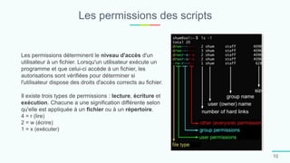 Les permissions des scripts
10
Les permissions déterminent le niveau d'accès d'un
utilisateur à un fichier. Lorsqu'un utilisateur exécute un
programme et que celui-ci accède à un fichier, les
autorisations sont vérifiées pour déterminer si
l'utilisateur dispose des droits d'accès corrects au fichier.
Il existe trois types de permissions : lecture, écriture et
exécution. Chacune a une signification différente selon
qu'elle est appliquée à un fichier ou à un répertoire.
4 = r (lire)
2 = w (écrire)
1 = x (exécuter)
 