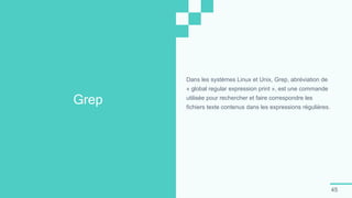 45
Grep
Dans les systèmes Linux et Unix, Grep, abréviation de
« global regular expression print », est une commande
utilisée pour rechercher et faire correspondre les
fichiers texte contenus dans les expressions régulières.
 