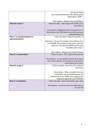 sur des terrains 
qui ont précédemment été utilises pour 
l’agriculture OGM ?` 
Description : Réponse du scientifique. 
Plan de coupe 4 Valeur du plan : Plan rapproché taille sur le 
journaliste. 
Description : Réglementation française sur la 
distribution des OGM dans les grands groupes 
agroalimentaires. 
4 
Plan 7 : Le professionnel en 
agroalimentaire 
Valeur du plan : Plan d’ensemble, ¾ 
Question : En quoi les études et les débats vis à 
vis de OGM vous impacte dans votre prise de 
décision ? En quoi les OGM sont-ils plus 
rentables pour vous ? 
Description : Réponse du professionnel. 
Plan 8 : Le journaliste Valeur du plan : Plan rapproché poitrine 
Description : Le journaliste résume les propos 
des 3 intervenants. Il introduit nos dernières 
recherches sur le sujet. 
Plan de coupe 5 Valeur du plan : Insertion d’un schéma 
interactif. 
Description : Mise en lumière de nos 
recherches sur la problématique du 
rendement de ces OGM, avec l’apport des 
réponses apportées par Inf’OGM. 
Plan 9 : Conclusion Valeur du plan : plan d’ensemble, gros plan 
Description : ouverture de la problématique 
en voix off 
 