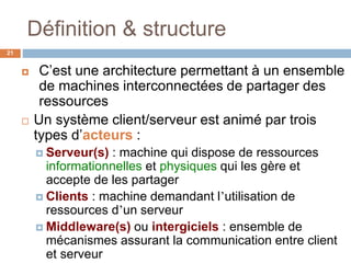 Définition & structure
21
 C’est une architecture permettant à un ensemble
de machines interconnectées de partager des
ressources
 Un système client/serveur est animé par trois
types d’acteurs :
 Serveur(s) : machine qui dispose de ressources
informationnelles et physiques qui les gère et
accepte de les partager
 Clients : machine demandant l’utilisation de
ressources d’un serveur
 Middleware(s) ou intergiciels : ensemble de
mécanismes assurant la communication entre client
et serveur
 