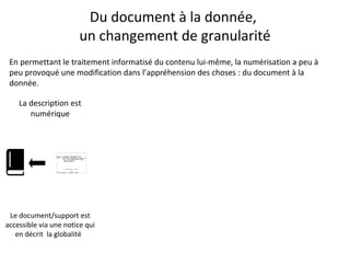 Du document à la donnée,
un changement de granularité
En permettant le traitement informatisé du contenu lui-même, la numé...