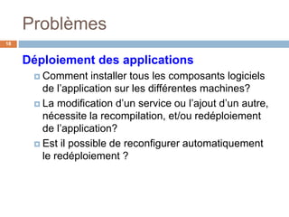 Déploiement des applications
 Comment installer tous les composants logiciels
de l’application sur les différentes machines?
 La modification d’un service ou l’ajout d’un autre,
nécessite la recompilation, et/ou redéploiement
de l’application?
 Est il possible de reconfigurer automatiquement
le redéploiement ?
Problèmes
18
 